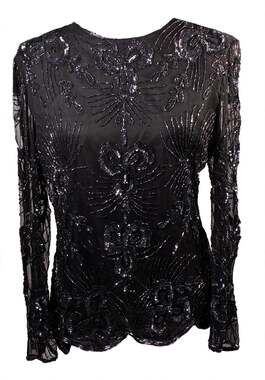 Vintage Sténay Beaded Sequin Silk Evening Top Black Scalloped L